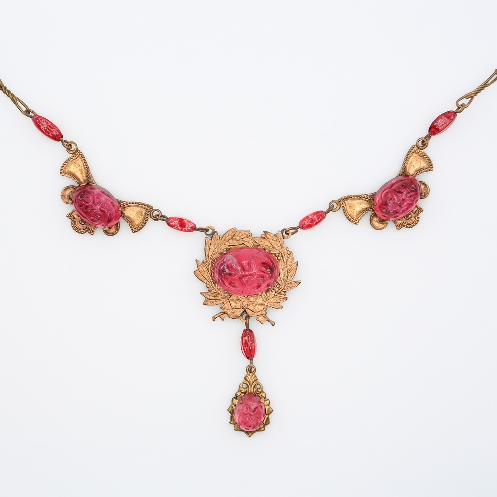 Antique Art Deco Czech Pink Molded Glass Rose Brass Lavalier Necklace 1930s